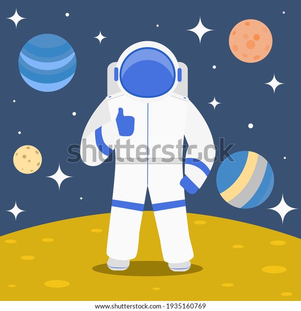Cartoon Character Cosmonaut on Planet Surface\
Spaceman and Cosmic Travel Concept Element Flat Design Style.\
illustration of\
Astronaut
