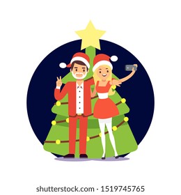 Cartoon character couple in Santa clothers taking selfie. Christmas party illustration - Powered by Shutterstock