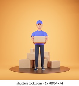 Cartoon character courier man in blue form hold cardboard box and stand on wooden podium with heap of boxes over yellow background. 3d render illustration - Powered by Shutterstock