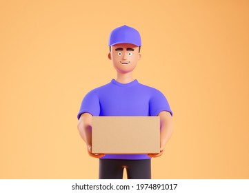 Cartoon character courier man in purple form bring cardboard box over yellow background. Online shopping and delivery concept. 3d render illustration.