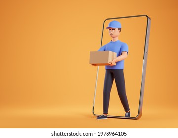 Cartoon character courier in purple t-shirt and cap bring cardboard box from smartphone over yellow background with copy space. Online shopping and delivery concept. 3d render illustration. - Powered by Shutterstock