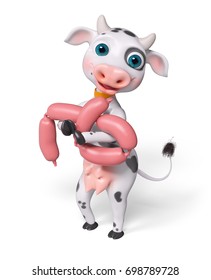 Cartoon character cow holds sausage isolated, 3d rendering - Shutterstock ID 698789728