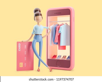 Cartoon Character With Credit Card And Telephone. 3d Illustration. Internet Shopping