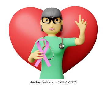 cartoon character doctor woman and red heart with hand holding cancer pink ribbon over and pointing finger isolated on white background. 3d illustration or 3d render - Powered by Shutterstock