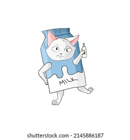 Cartoon character of drunk kitten - cat in milk costume