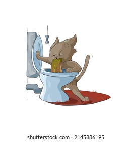 Cartoon character of drunk kitten - vomiting cat
