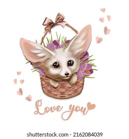 Cartoon character funny little fox, white fennec with a bow peeks out of a basket of flowers. Valentine's day, happy birthday greeting card. Illustration on a white background.