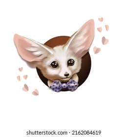 Cartoon character funny little fox, white fennec fox with a bow and hearts. Valentine's Day, Happy Birthday greeting card. Picture, emblem, illustration for printing on textiles, t-shirts and souvenir