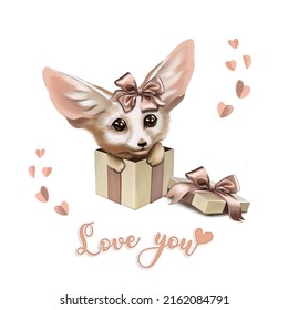 Cartoon character funny little fox, white fennec with a bow peeks out of a gift box. Valentine's Day, Happy Birthday greeting card. Picture, emblem, illustration for children, for printing on souvenir