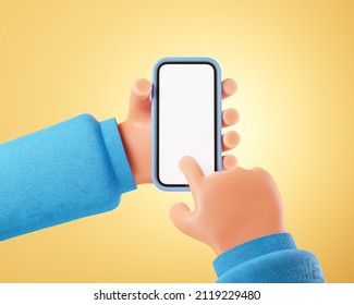 Cartoon character hand in cyan sweater hold smartphone and touch mockup screen over yellow background. Social media concept. 3d render illustration.