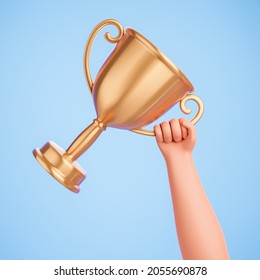 Cartoon character hand hold big golden victory trophy cap over blue background. Win success concept. 3d render illustration