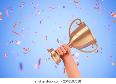 Cartoon Character Hand Hold Gold Prize Cup Over Blue Background With Confetti. 3d Render Illustration.