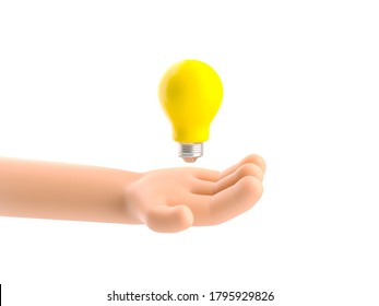 Cartoon Character Hand Holding A Bulb. 3d Illustration. 