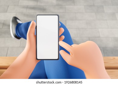 Cartoon Character Hand Holding Smart Phone On Bench Outdoor. White Blank Mockup Screen. 3d Render Illustration.
