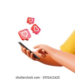 Cartoon character hand holding smartphone with social network like heart icons isolated over white background. 3d render illustration