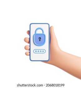 Cartoon Character Hand Holding Smartphone With Padlock And Password Isolated Over White Background. Internet Security Concept. 3d Render Illustration.