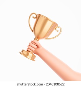 Cartoon Character Hand Holding Victory Prize Cup Trophy Isolated Over White Background. 3d Render Illustration