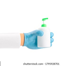 Cartoon Character Hand In Medical Glove Holding A Jar Of Antiseptic. 3d Illustration. 