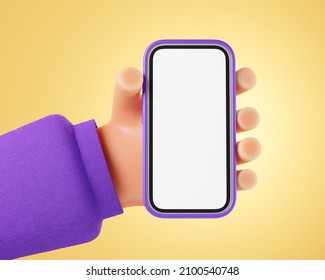 Cartoon character hand in purple sweater holding stylised smartphone with white mock up screen over yellow background.3d render illustration.