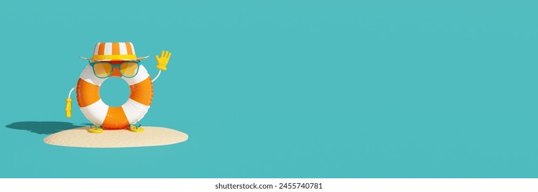 Cartoon character from inflatable swim ring with sunglasses and beach hat on sandy island. Creative summer background for postcard, flyer, banner. 3D illustration with copy space, rendering. - Powered by Shutterstock