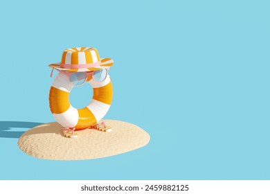 Cartoon character from inflatable swim ring with sunglasses and beach hat on sandy island. Creative summer background for postcard, flyer, poster. 3D illustration with copy space, rendering. - Powered by Shutterstock