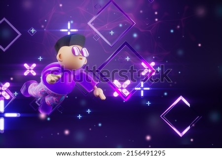Cartoon character inside Virtual Digital Reality, metaverse. Future, metaverse technology concept, cyberuniverse, communication, blockchain, futuristic network. 3D illustration 3D rendering