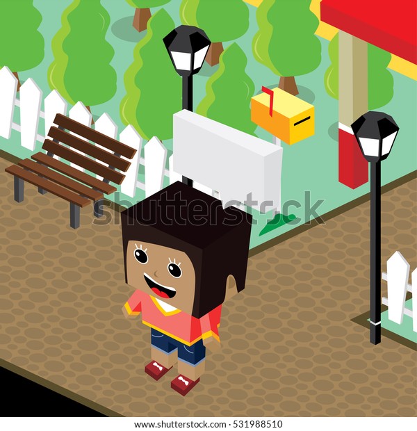 cartoon\
character life in front of house\
isometric