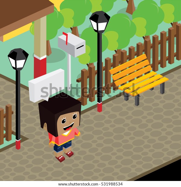 cartoon\
character life in front of house\
isometric