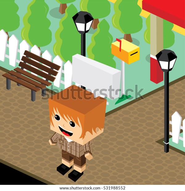 cartoon
character life in front of house
isometric
