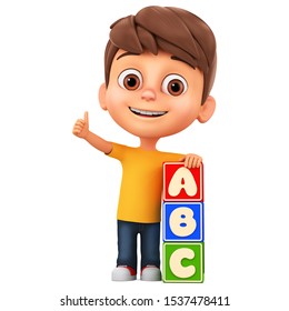 Cartoon Character Little Boy With Alphabet Cubes On A White Background. 3d Render Illustration.