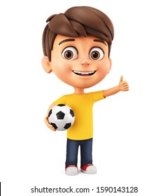 Cartoon character little boy holds a soccer ball and shows thumb up on a white background. 3d render illustration.