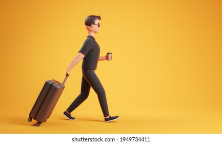 Cartoon Character Man In Black Clothes And Sunglasses Walk With Suitcase And Coffee Cup Over Yellow Background With Copy Space. Travel Concept. 3d Render Illustration.