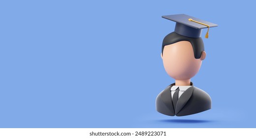 Cartoon character man blank face in black graduation cap, empty blue background. Concept of school, education, university and knowledge. 3D rendering illustration - Powered by Shutterstock