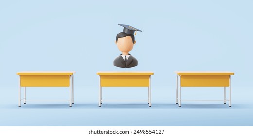 Cartoon character man blank face in black graduation cap, school desks in row on empty copy space background. Concept of education, academic degree and profession. 3D rendering illustration - Powered by Shutterstock