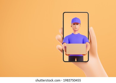 Cartoon Character Man Courier In Purple Form Giving Cardboard Box Through Smartphone Over Yellow Background. Online Shopping And Delivery Concept. 3d Render Illustration.