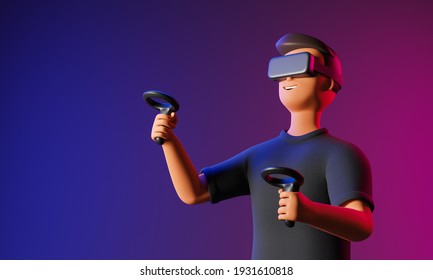 Cartoon Character Man Exploring Virtual Reality With Vr Goggles And Controller Isolated Over Black Background With Blue And Pink Neon Light. 3d Render Illustration.