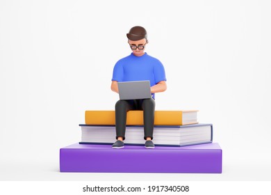 Cartoon character man in glasses seat at books and use laptop. Online education concept. 3d render illustration.