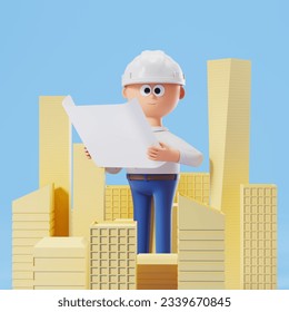 Cartoon character man in hard hat with abstract city building holding a paper plan. Concept of civil engineer, architect and construction worker. 3D rendering illustration - Powered by Shutterstock