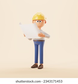 Cartoon character man in hard hat holding a paper plan, full length smiling on beige background. Concept of engineer, architect and construction worker. 3D rendering illustration - Powered by Shutterstock