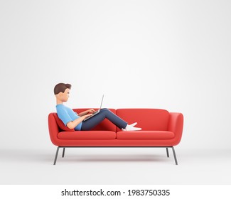 Cartoon character man lying on the red couch at white studio and work on laptop. Comfortable work at home concept. 3d render illustration.