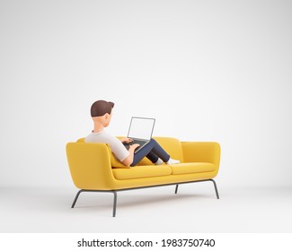 Cartoon Character Man Lying On The Yellow Couch At White Studio And Use Laptop With Blank Mock Up Screen. 3d Render Illustration.