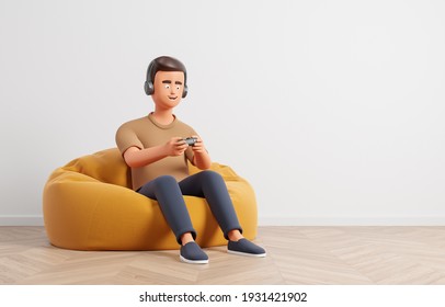 Cartoon Character Man On Yellow Bag Armchair Play Video Game With Gamepad And Headphones At Home With White Wall And Wooden Floor. Online Gaming And Cyber Sport Concept. 3d Render Illustration.