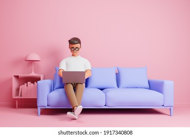 Cartoon character man seat on blue sofa in simple pink interior with copy space and work at home on laptop. 3d render illustration.