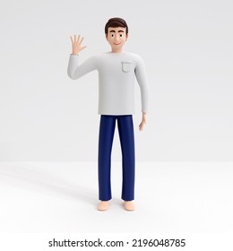 Cartoon Character Man In White Shirt Man Waving Hand Up Full Body Over White  Background. Good  Concept 3d Render 