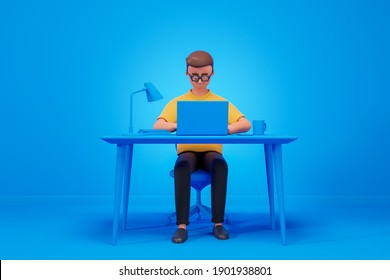 Cartoon Character Man Workat Home On Laptop In Simple Blue Interior. 3d Render Illustration