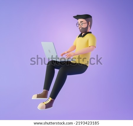 Cartoon character men floating and using computer laptop for working from home or online, concept of technology. 3d render illustration.