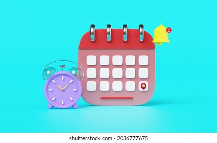 cartoon character purple alarm clock wake-up time morning with red calendar, yellow notification bell isolated on blue background. concept 3d illustration or 3d render - Powered by Shutterstock