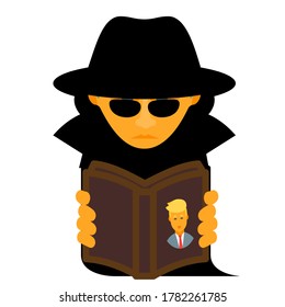 cartoon character of Russian president in spy suit reading a book with photo of American leader 