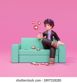 a cartoon character is sitting on the sofa happily holding the phone on a pink background. 3d rendering isolated on pink background - Shutterstock ID 1897318285