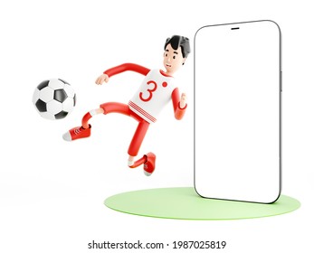 Cartoon Character In A Sports Red Uniform. Football Or Soccer Player With A Ball And Mobile Phone. Online Sport Concept Isolated On White Background. 3d Rendering.